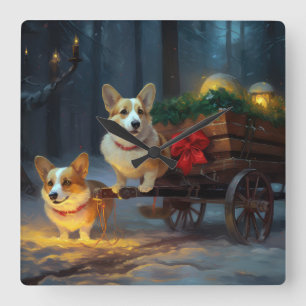 Corgi Snowy Sleigh Christmas Decor Square Wall Clock