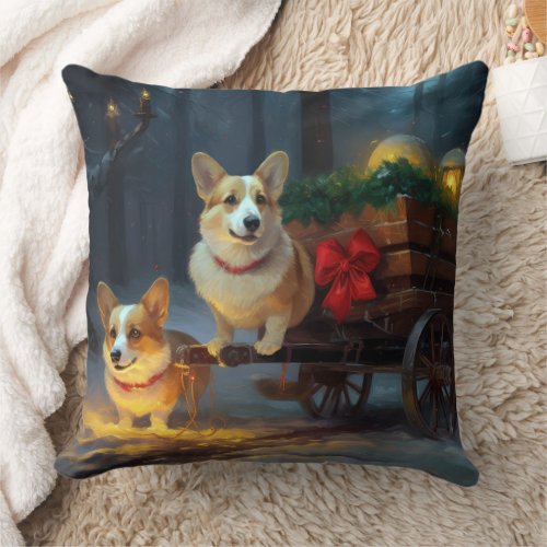 Corgi Snowy Sleigh Christmas Decor  Throw Pillow