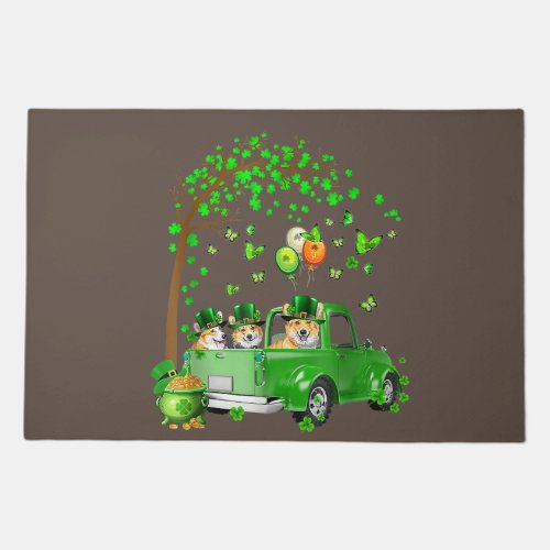 Corgi St Patricks Day Green Truck Under The Tree  Doormat