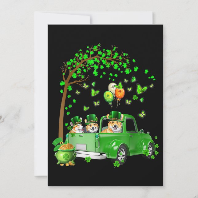 Corgi St Patricks Day Green Truck Under The Tree Holiday Card (Front)