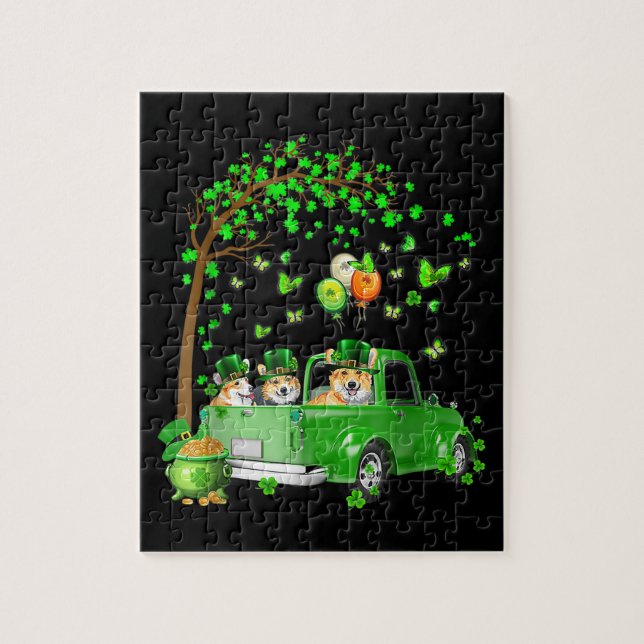 Corgi St Patricks Day Green Truck Under The Tree Jigsaw Puzzle (Vertical)