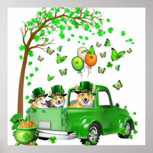 Corgi St Patricks Day Green Truck Under The Tree Poster