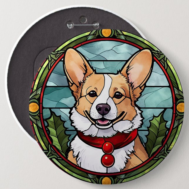 Corgi Stained Glass Christmas Button (Front & Back)