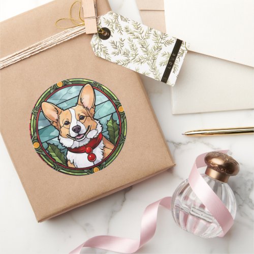 Corgi Stained Glass Christmas Classic Round Sticker