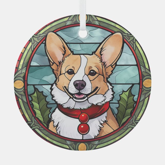 Corgi Stained Glass Christmas Glass Ornament (Front)