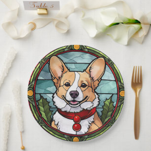 Corgi Stained Glass Christmas Paper Plates