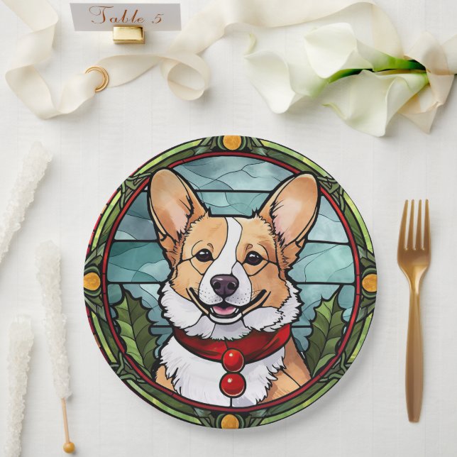 Corgi Stained Glass Christmas Paper Plates (Wedding)