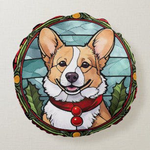 Corgi Stained Glass Christmas Round Pillow