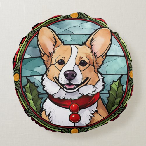 Corgi Stained Glass Christmas Round Pillow