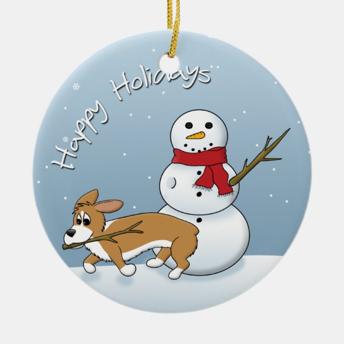 Corgi Steals Snowman's Arm Christmas Ornament