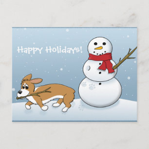 Corgi Steals Snowman's Arm Holiday Postcard