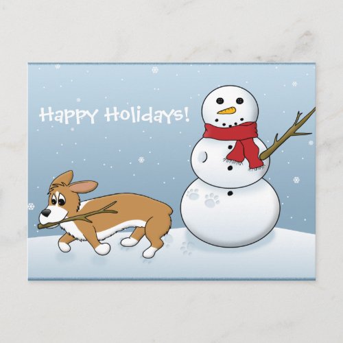Corgi Steals Snowmans Arm Holiday Postcard