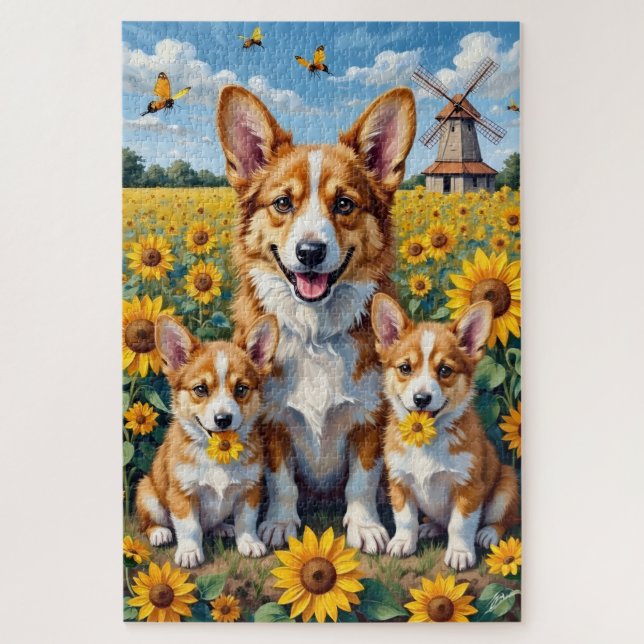 Corgi Sunflower Field Art Jigsaw Puzzle (Vertical)