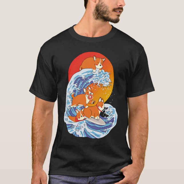Corgi Surfer Surfing Surf Board Corgi T-Shirt (Front)