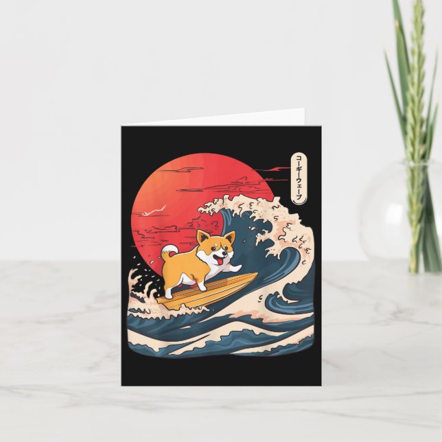 Corgi Surfing Japanese Wave  Card (Front)