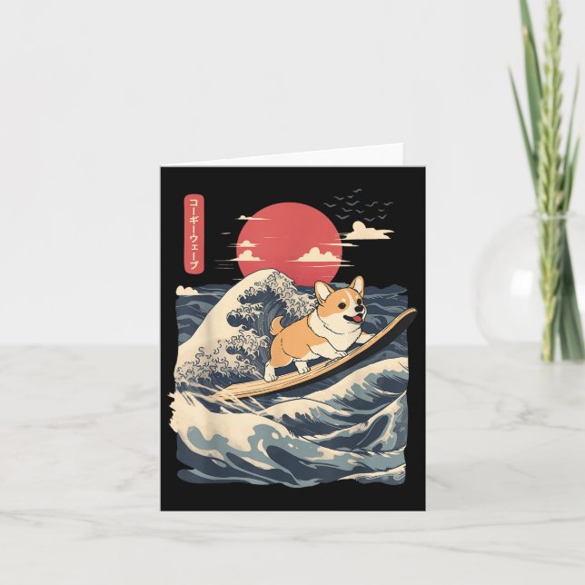 Corgi Surfing Japanese Wave  Card (Front)