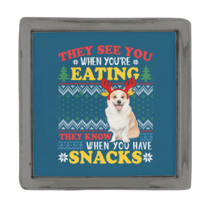 Corgi Ugly Christmas They See You're Eating Xmas Gunmetal Finish Lapel Pin
