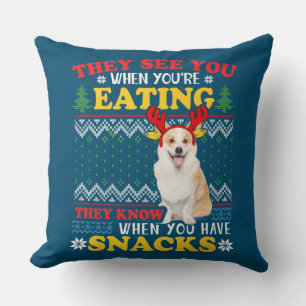 Corgi Ugly Christmas They See You're Eating Xmas Throw Pillow