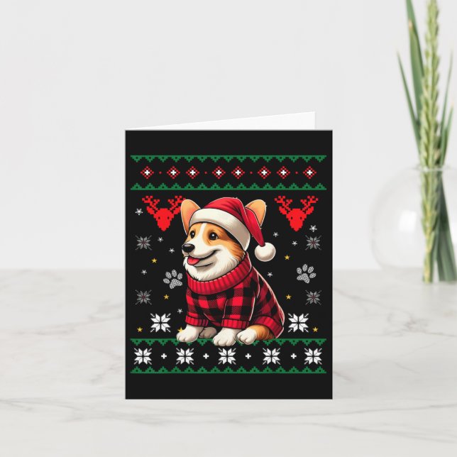 Corgi Ugly Funny Buffalo Plaid Santa Hat Christmas Card (Front)