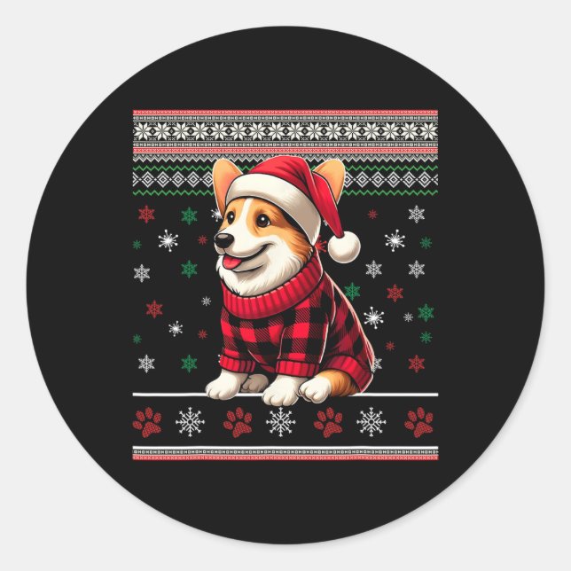 Corgi Ugly Funny Christmas Santa Hat Buffalo Plaid Classic Round Sticker (Front)