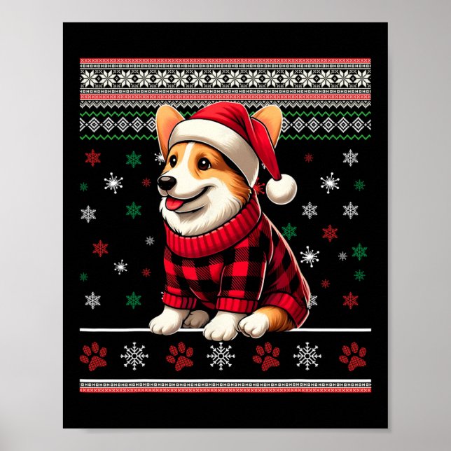 Corgi Ugly Funny Christmas Santa Hat Buffalo Plaid Poster (Front)