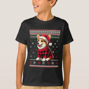 Corgi Ugly Funny Christmas Santa Hat Buffalo Plaid T-Shirt