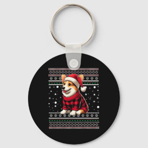 Corgi Ugly Funny Santa Hat Buffalo Plaid Christmas Keychain