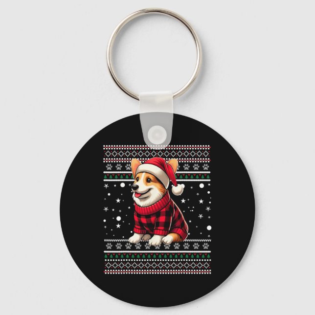Corgi Ugly Funny Santa Hat Buffalo Plaid Christmas Keychain (Front)