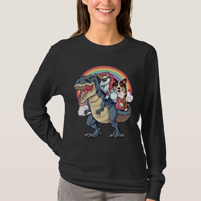 Corgi Unicorn Ride T Rex T-Shirt (Front)