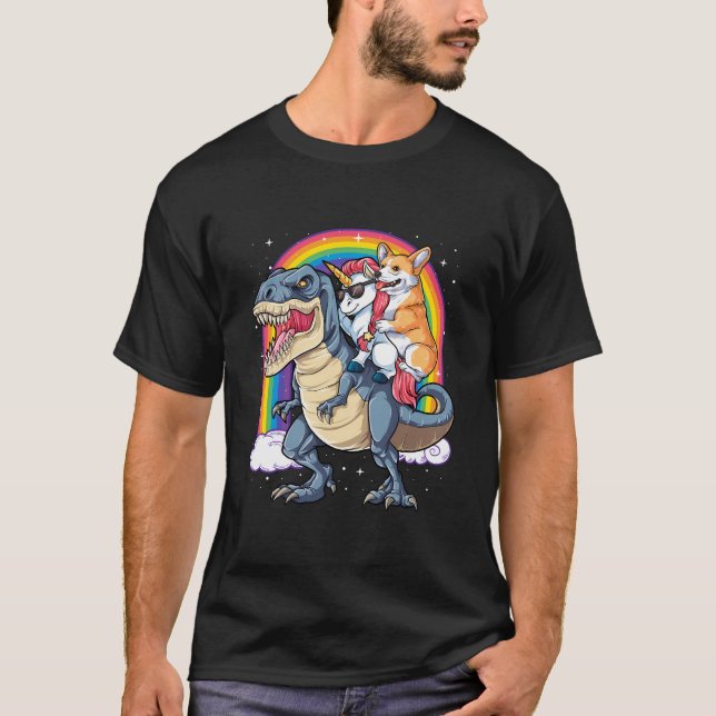Corgi Unicorn Riding Dinosaur T Rex Gifts Men Wome T-Shirt (Front)