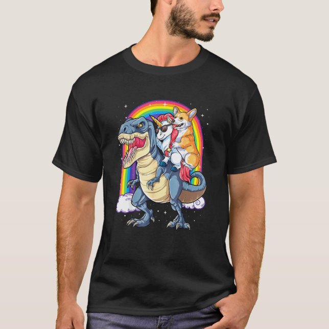 Corgi Unicorn Riding Dinosaur T Rex  Men Women Rai T-Shirt (Front)