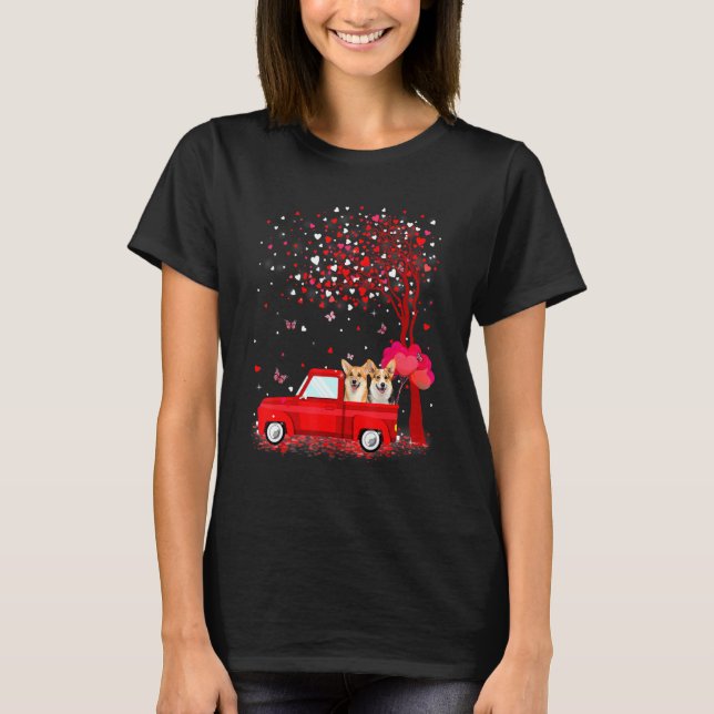 Corgi Valentine's Day Gifts Dogs Red Truck Hearts T-Shirt (Front)
