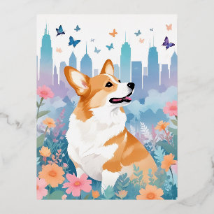 Corgi Vintage Animal Nature Environment Decor City Foil Holiday Postcard