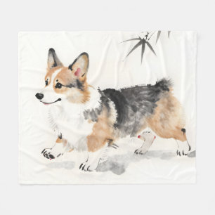 Corgi Watercolor – Whimsical Japanese Ink Dog Art Fleece Blanket