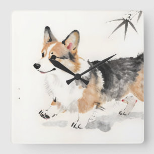Corgi Watercolor – Whimsical Japanese Ink Dog Art Square Wall Clock