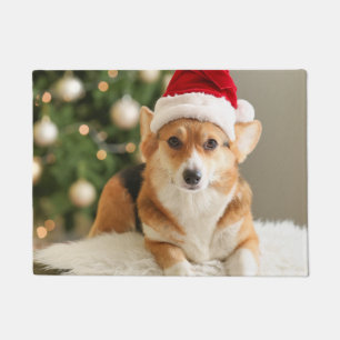 Corgi wearing Santa Hat Doormat