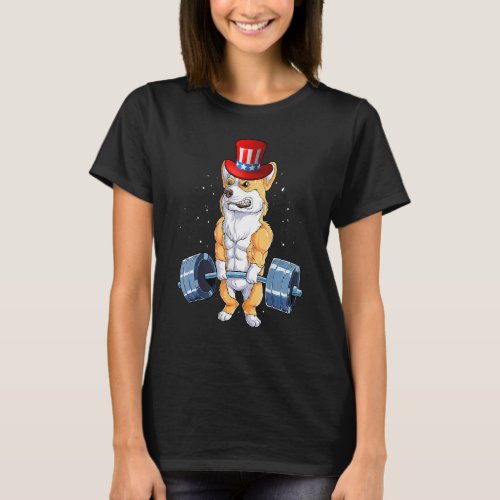 Corgi Weightlifting Muscle  4th Of July Uncle Sam  T_Shirt