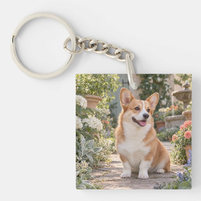 Corgi Wildflower Garden Square Acrylic Keychain