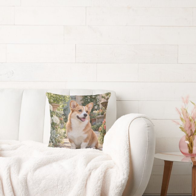 Corgi Wildflower Garden Throw Pillow