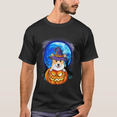 Corgi Witch Hat Pumpkin Scary Halloween Dog Lovers T_Shirt