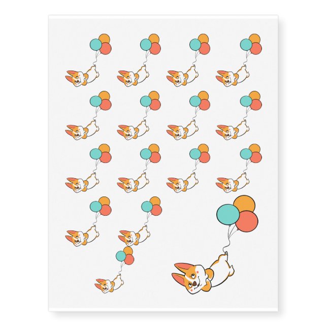 Corgi With Balloons Temporary Tattoos (Front)