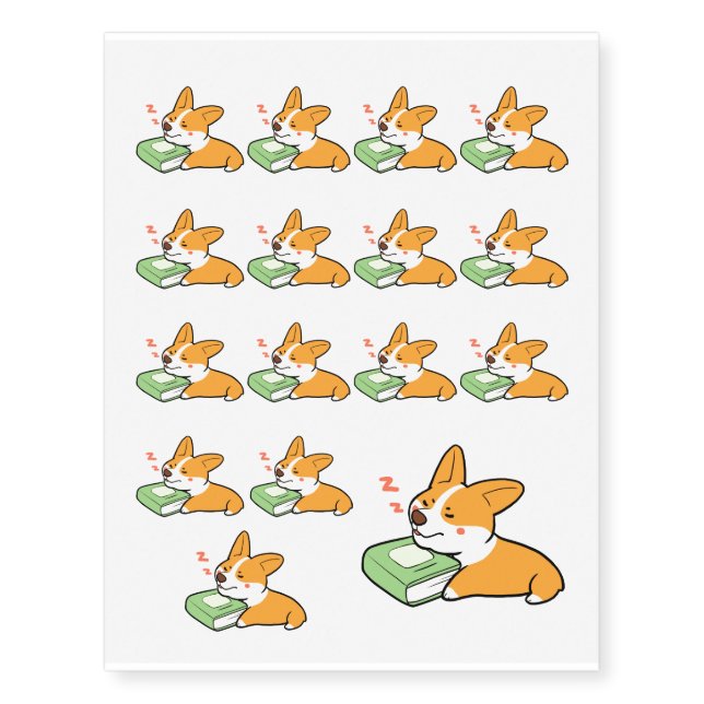 Corgi with book temporary tattoos (Front)
