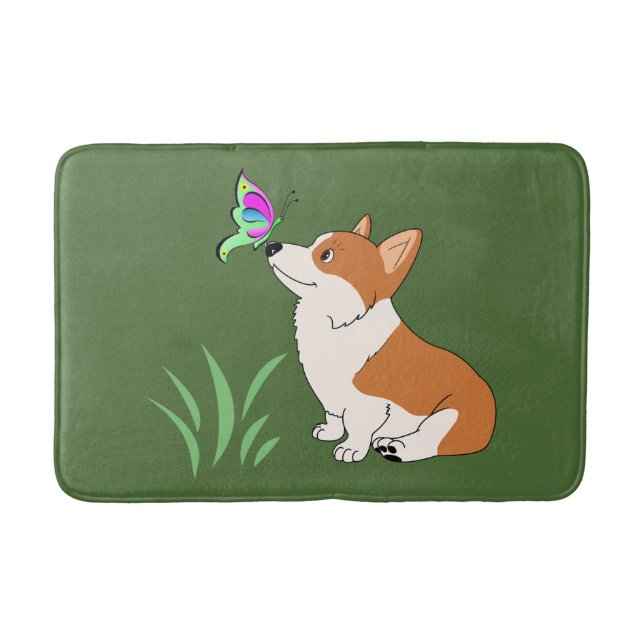 Corgi with Butterfly Bathroom Mat (Front)