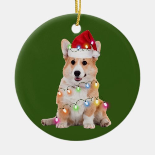 Corgi With Christmas Scafts Santa Hat Gift Ceramic Ornament