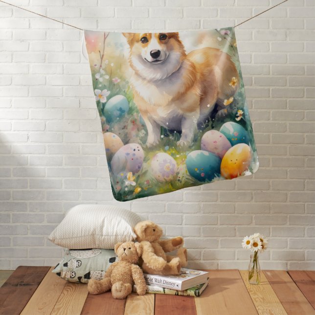 Corgi with Easter Eggs Holiday Baby Blanket (In Situ)