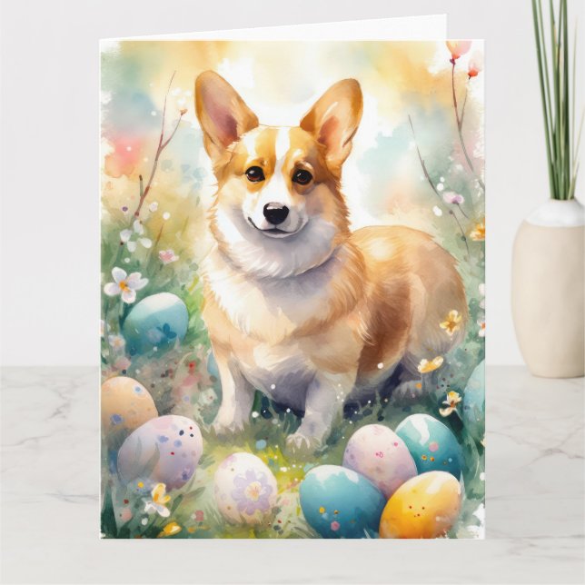 Corgi with Easter Eggs Holiday Card (Front)