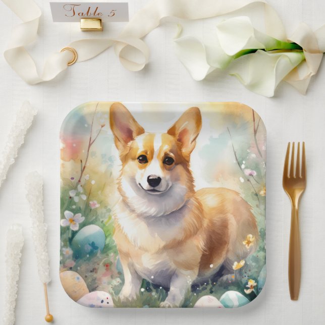 Corgi with Easter Eggs Holiday Paper Plates (Wedding)