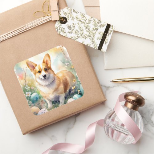 Corgi with Easter Eggs Holiday Square Sticker