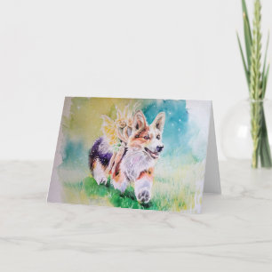 Corgi With Fairies Watercolor Card