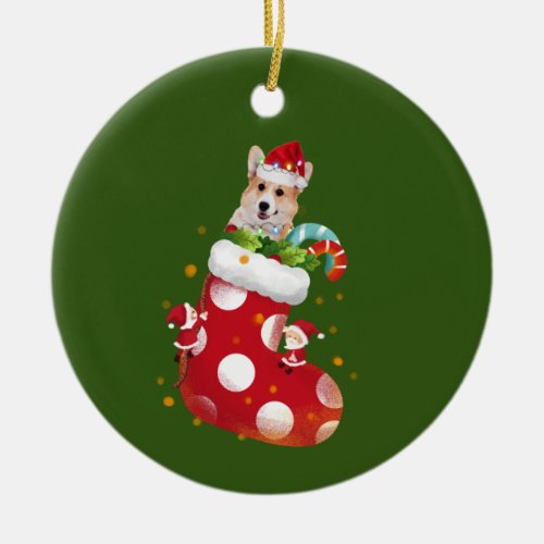 Corgi With Hat Sock Christmas Ceramic Ornament